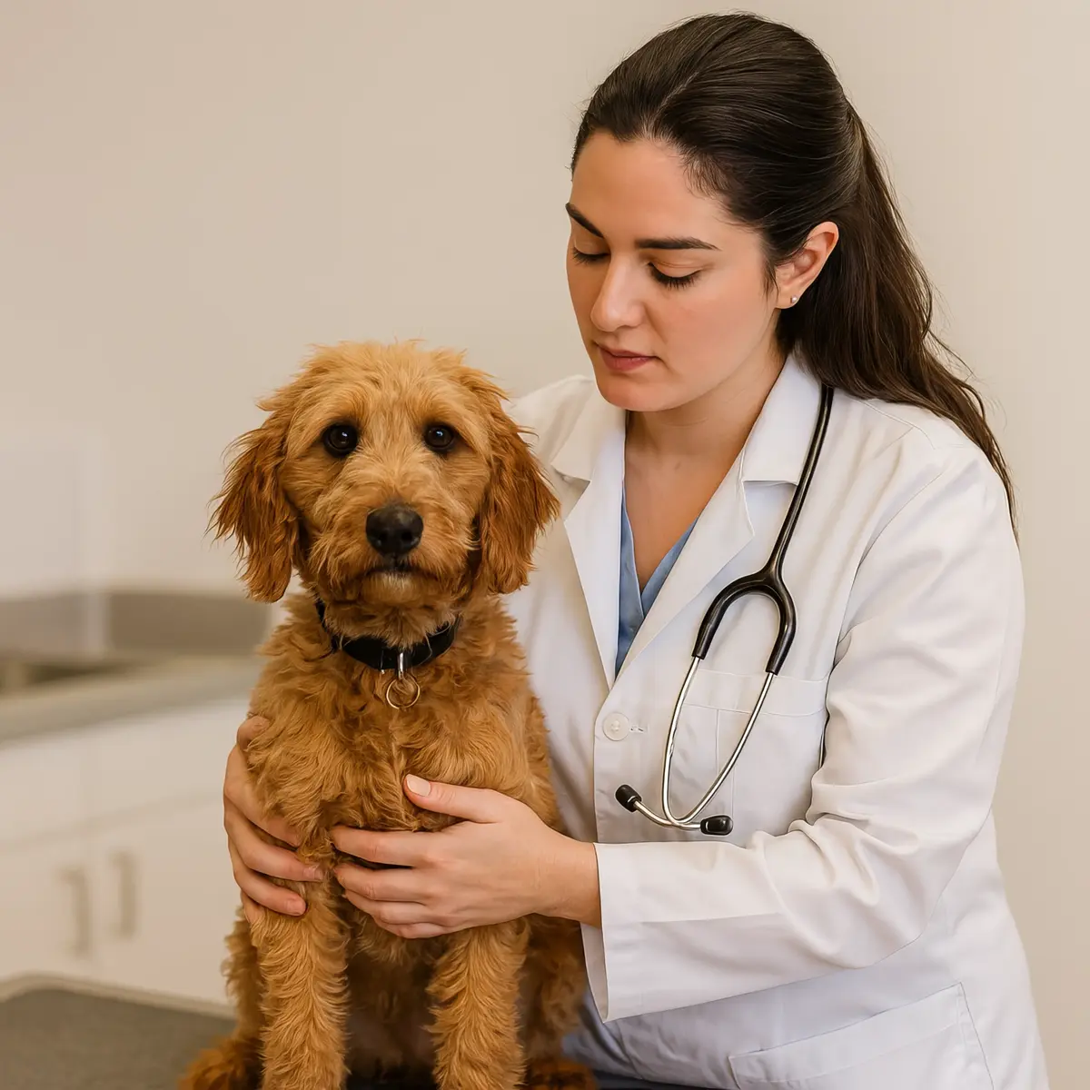 Veterinária com estetoscópio no pescoço examinando um cão dócil da raça Goldendoodle em uma mesa de consulta.